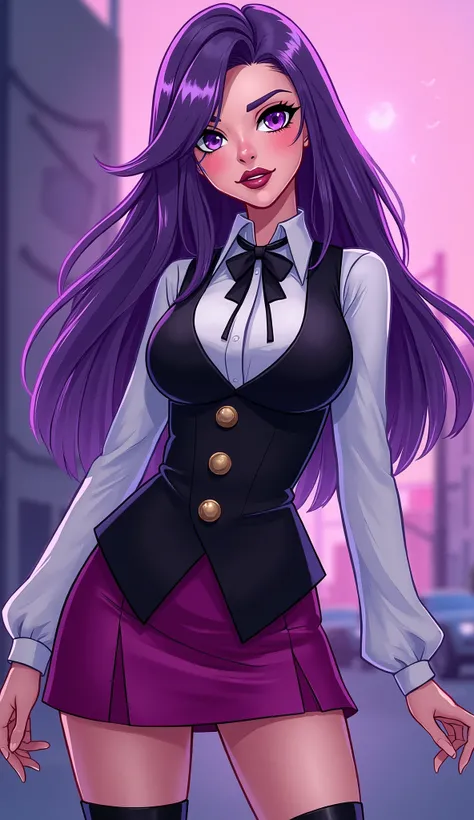 Zatanna from DC Super Hero Girls 2019, long purple hair, straight purple hair, sparkly purple hair, magical purple hair, Zatanna is a beautiful teenage girl with fair skin and a distinctive hourglass figure, thick light indigo hair that reaches mid-thigh w...