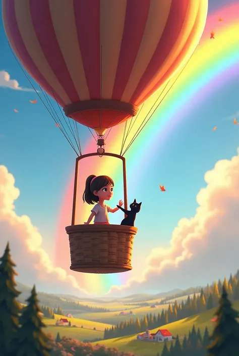 Balloon and Rainbow: It shows the hot air balloon floating just in front of a bright rainbow stretching across the sky.. The rainbow should be vibrant and full of colors, con Linda y melody en la cesta admirándolo.

Linda y melody: Linda is in the basket w...