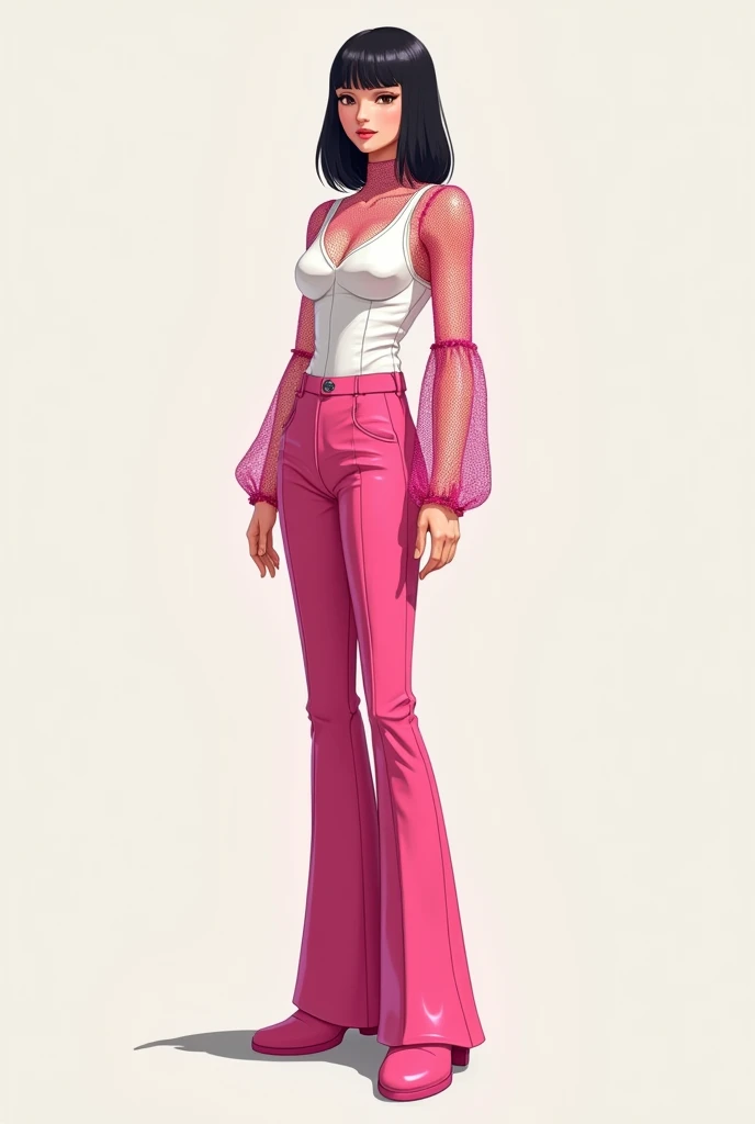 a croqui with pink flare pants, white corset shirt with a pink slim shiny fishnet kinda fabric blouse with sleeves under, no shoes on