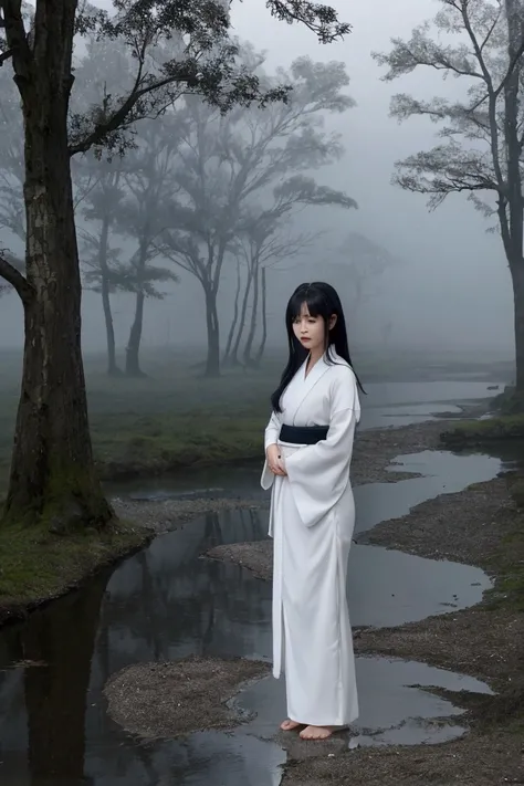 Under the moonlight、A woman stands by the misty river、The woman has long, flowing black hair、Wearing a white Japanese kimono、Pale skin、Glowing faintly in the eerie light、Mist swirls at my feet、Dark wood in the background々There is、It&#39;s a quiet and myste...