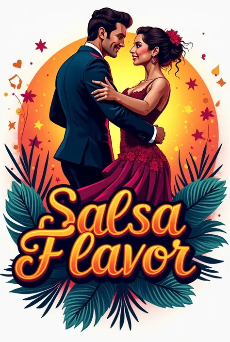 Logo of a salsa casino academy with the name of salsa and flavor with bright colors and that has a dancing couple