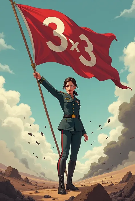 Can you generate me a picture of cute war girl look like a general in a Battle field Standing with a Flag named 3x3?