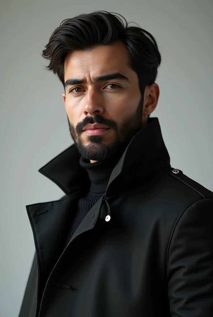 I want a photo of a 20 year old boy who is wearing a black jacket over his face and should have a light black beard on his face and should look quite professional. 3D photo is half
