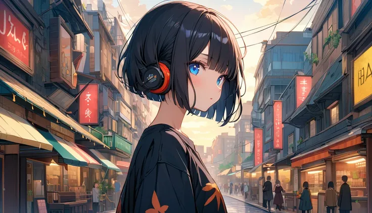 High resolution, Very delicate, Super detailed, 8k angelic, One girl young girl((blue eyes))　(((Shortcuts、Bobcut、Shiny black hair))) (((Are you wearing your headphones correctly?))) (Oversized black t-shirt),Facial Contour, Looking Back, 雨y, In the city, S...