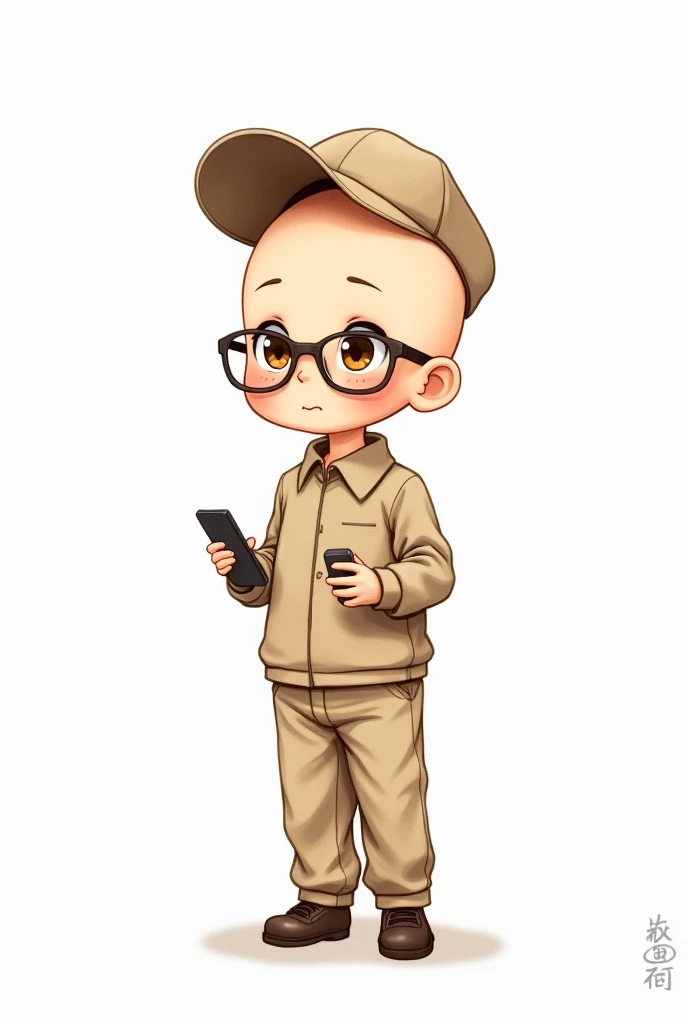 Drawing of a bald child with glasses, brown eyes, uniform and cell phone with a cap, full body, white background, light brown