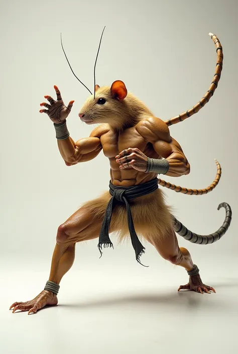 Make an image of a guinea pig and a praying mantis joined together in one big muscular foot body fighting karate 