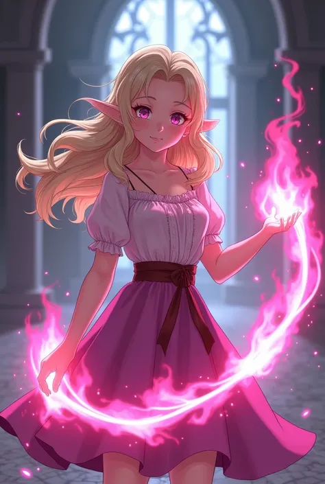 eleven,feminine,blond hair,pink eyes,pointy ears,power to create pink flames,holding a chain of flames,age 18 years,teenager,medieval anime style.