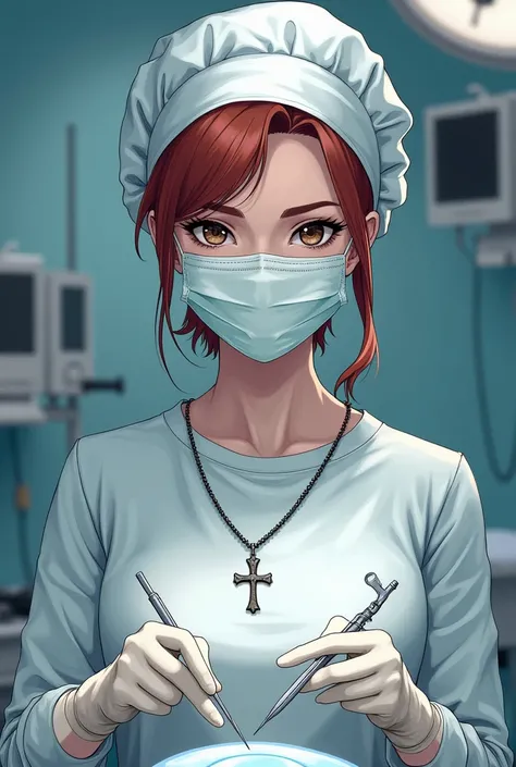 Anime Female Russian surgeon wearing a surgical gown a surgical mask a bouffant cap and latex gloves shes wearing an orthodox cross around her neck