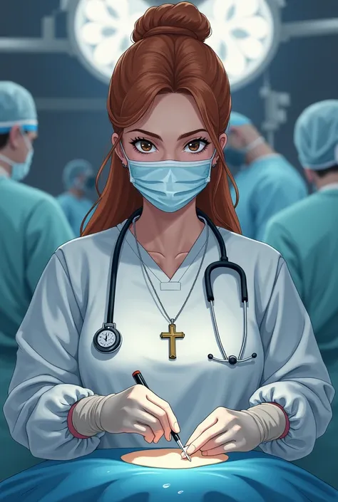 Anime Female Russian surgeon wearing a surgical gown a surgical mask a bouffant cap and latex gloves shes wearing an orthodox cross around her neck 