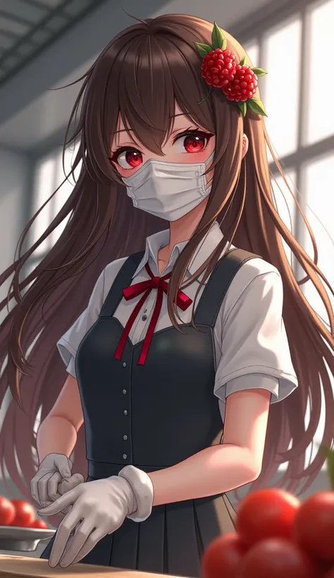 

The homeroom teacher said during lunch time.、The homeroom teacher is in charge of lunch.、A young beautiful hostess with a slightly uneasy look in her eyes, wearing white makeup、Medical Gloves Latex Gloves、apron、Mask Earrings, One girl, solo, Brown Hair, ...