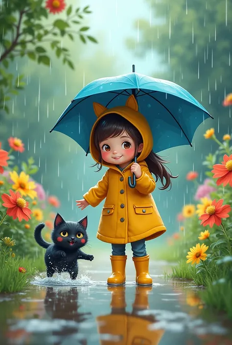 Linda and Melody Getting Ready: It shows Linda putting on her raincoat and rain boots, while Melody looks at her with enthusiasm. Linda is holding a small umbrella and has a happy expression..

Exploring the Garden: Illustrate Linda and Melody in the garde...