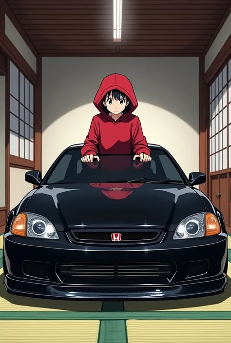 Red-hooded boy holding a black Honda Civic Fd2 SI in a garage in Japan anime