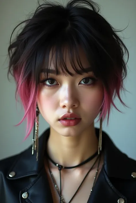 Generates a real front photo of a short-haired Korean teenage girl with pink highlights, a long earring in the ear and a rocker and rebellious style