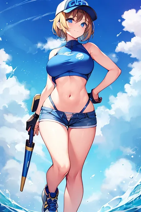 1girl, light smile, breasts, hourglass figure, standing, full body, ((full body)), toned, very short hair, bikini, shorts, sneakers, blue eyes, cap, visor cap, tall, sleeveless, bare shoulders, blue bikini