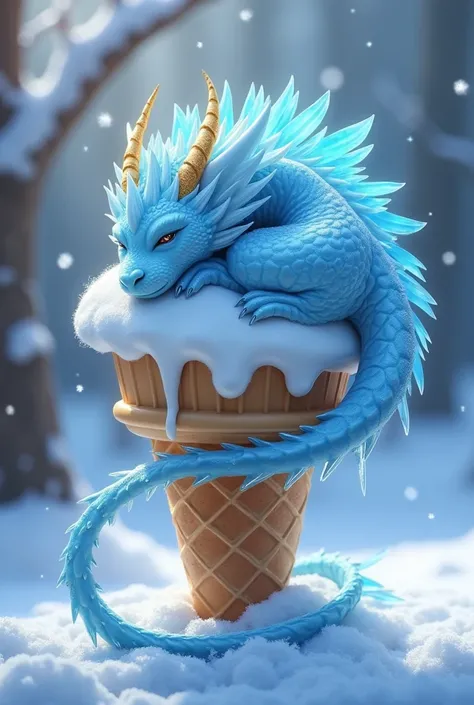 Logo of an ice dragon sleeping on top of an ice cream cone 