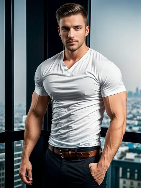 1man, A full body shot of a charismatic male fitness model, 30 years old，small beard, Sexy and charming expression，gloomy eyes，Blue eyes, captured in eiffel tower at night, wearing a white shirt, black pants with a belt, night city lighting, cinematic and ...