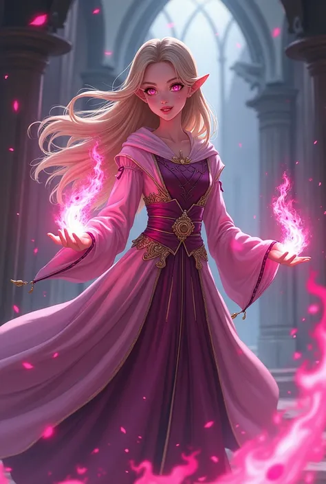 eleven,feminine,female magician,blond hair,pink eyes,pointy ears,power to create pink flames,holding a chain of flames,age 18 years,teenager,medieval anime style,Strong personality.