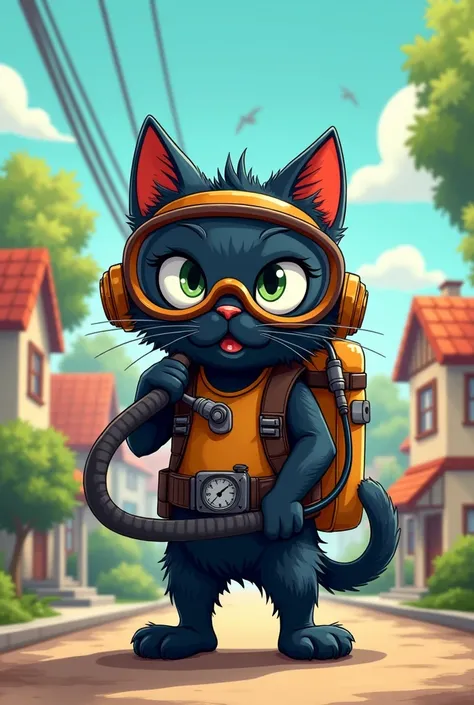 Animated black cat with fumigation equipment
