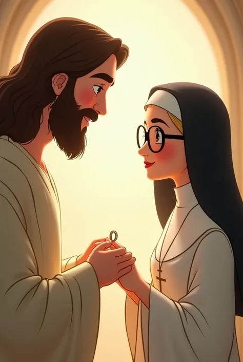 Animation of Jesus placing a ring on the finger of an adult nun dressed in white, with small eyes, smiling, without accessories, with cross necklace, with black veil, with glasses