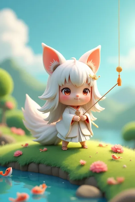 On the Hill,,Q version,[3d,Chinese,Cute and cute nine-tailed fox girl,White long hair shawl,Fox ears,hair accessories,Big breasts,Wearing a white fairy glazed skirt,catch fish in river,