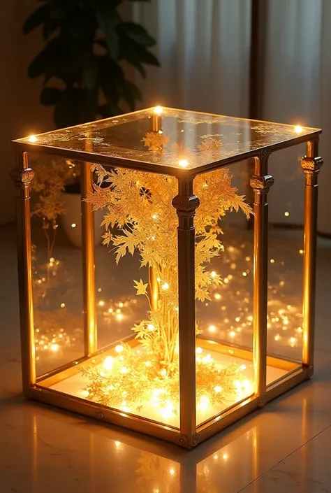 Elegant table with a modern design, featuring a transparent glass top that reflects light in an amazing way. The outer frame of the table is made of shiny gold metal, adding a touch of luxury and elegance.. In the center of the table, a warm golden LED lig...