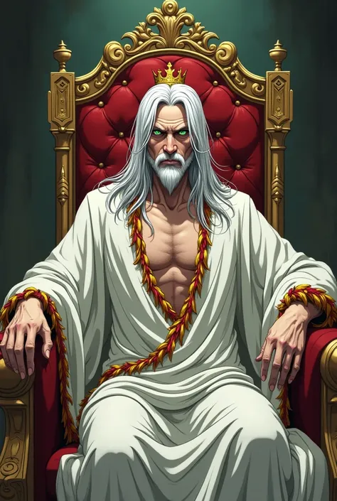 Illustrate a character design, he character will be a light skinned man, that looks in his 40s, sitting on a stylised ornate throne, he has long flowing hair, his hair pigmentation tacky white/gray with multiple strands always out of place, he has a ow sha...