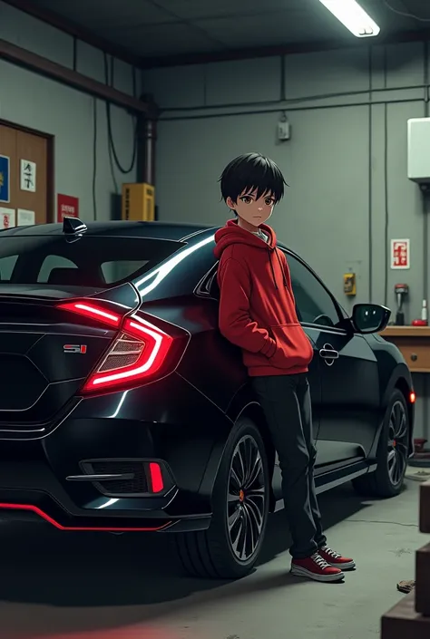 Red hooded boy leaning on a black Japanese version Honda Civic SI in a garage in Japan anime