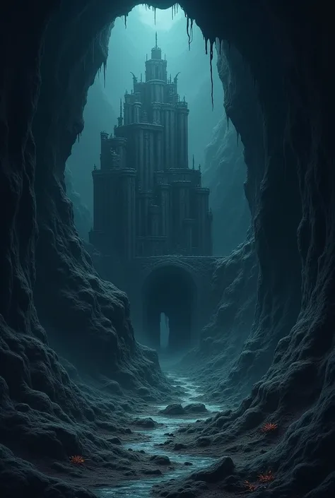 Ruin inside a dark cave scary no light anime 