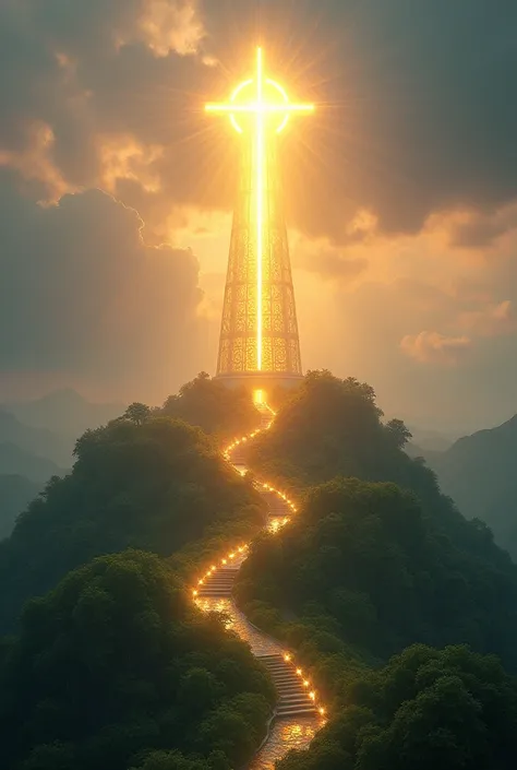 A shining beacon atop a hill, rays of light forming a cross. The words "Harmonys Beacon" arched below in elegant script.