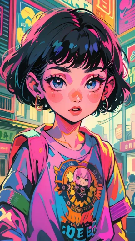 a cartoon girl with short black hair, oversized clothes, loose t-shirt with prints, very colorful, 90s cartoon style, detailed f...