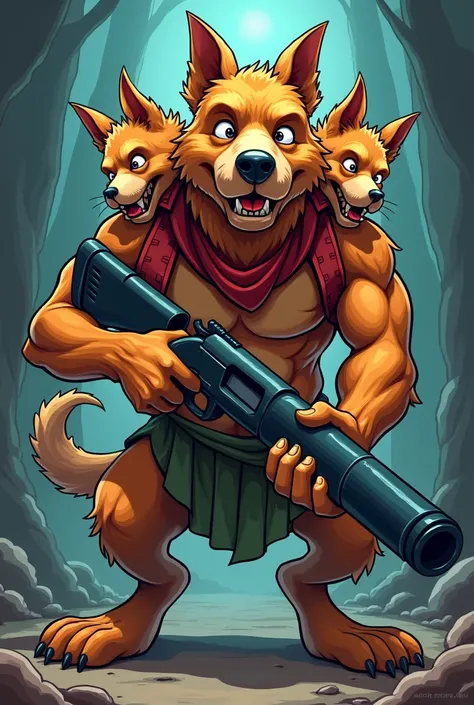 Funny animation of Cerberus with a shotgun in his hand 