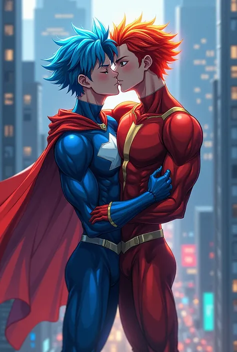 I want two anime style boys, they are dressed as superheroes and are on top of a building kissing, one of them has fire hair and the other has ice hair, but no capes.