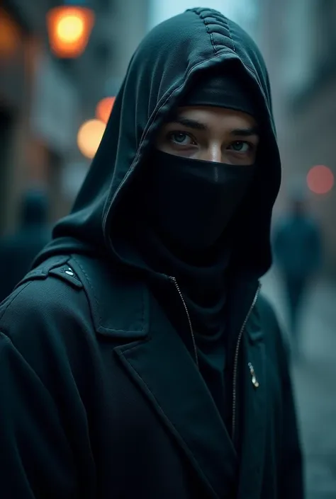 The photo features the character wearing dark ninja-like clothing with a headband and mask covering the lower part of his face.. This character has one visible eye., who seemed to be staring intently at the audience. The background shows a night atmosphere...