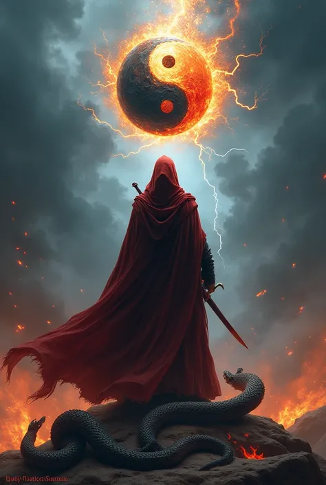 Dark sorcerer in a dark red cloak, there is a hood on the head, stands with his back to the ground, arms down, above the head is a sphere of yin and yang in fire, fire and thunderstorms in the background, there is a sword hanging on his back and a three-he...