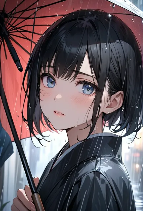 Upper body close-up（((masterpiece), on)""Perfect face, short black hair, beautiful eyes, Japanese, clean facial features, with raindrops trickling down her cheek, she gazes at him under an umbrella, her expression showing slight anxiety. In the faint backg...