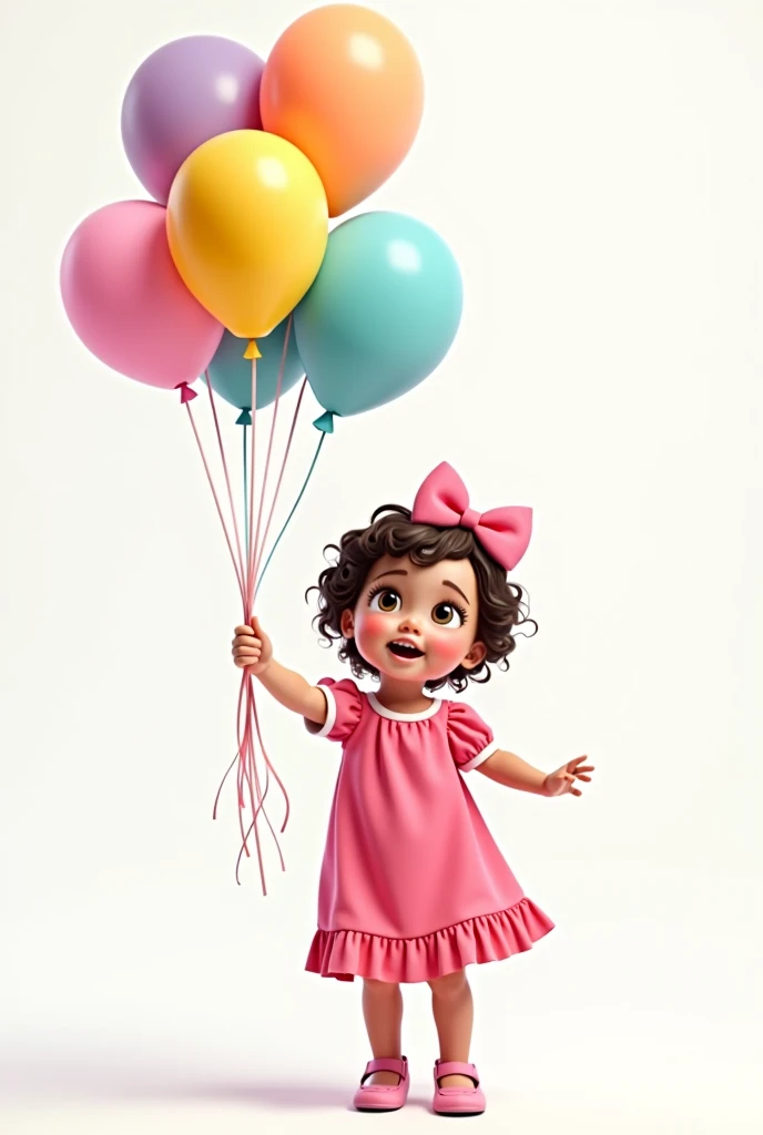 CHILD WOMAN , 2 years, SHORT CURLY HAIR, PINK CLOTHING, bow in hair,          HOLDING BALLOONS, white background