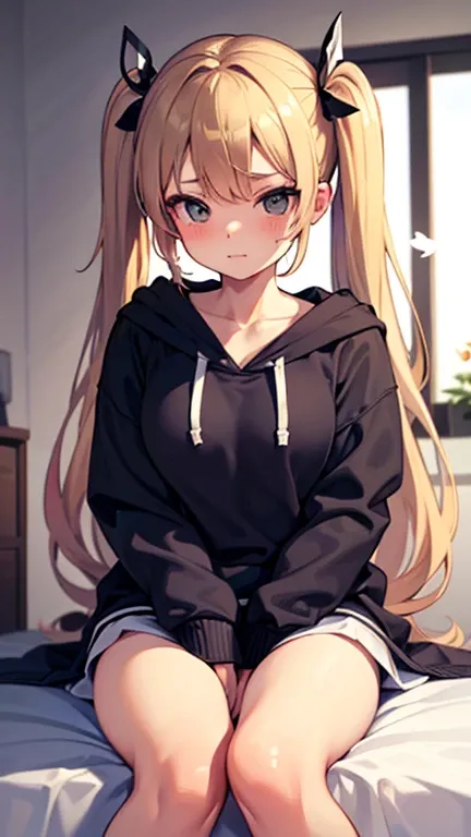  A small-breasted girl relaxing in her room completely naked and wearing a baggy hoodie、Blonde、Twin tails、Prone、Flutter feet、Looking away、Cheeky face、