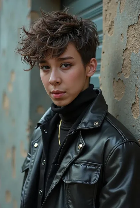 A man with a fluffy masculine haircut with bangs. His hair and eyes are dark in color. wear beach clothes, he is tanned.