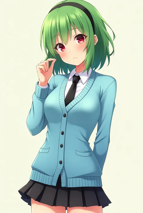 anime girl with medium length, green hair and red eyes, wearing a light blue cardigan, a black tie and a black skirt.