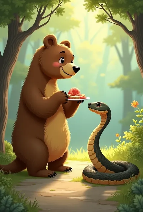 Same drawing of a bear sharing his food with his snake friend