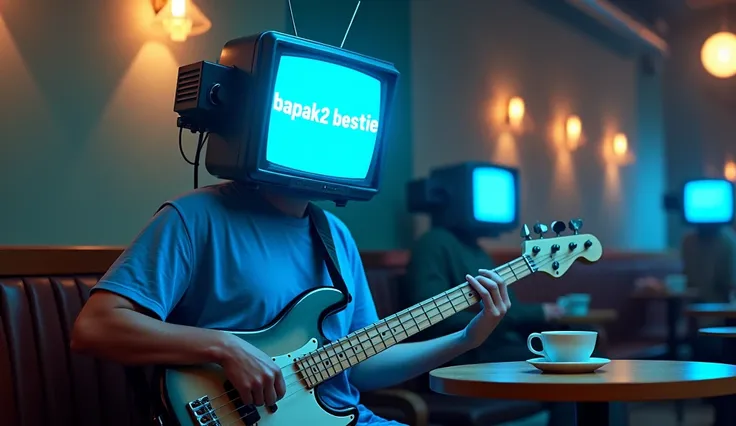 A musician with a retro TV screen on his head. The TV displays the words "Bapak² BESTie", the musician plays an electric bass instrument and wears a blue t-shirt that matches their head. The TV head has a blue colour. The background is a quiet cafe scene, ...