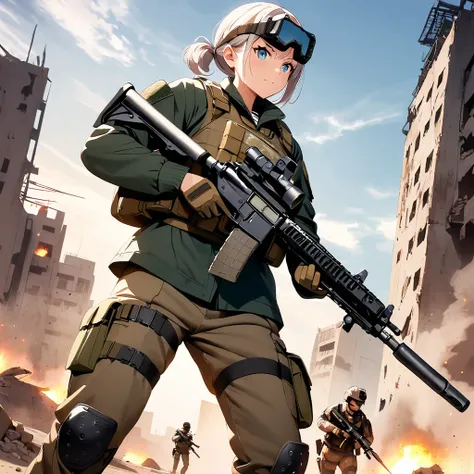 silver hair, side-up hairstyle, gradient-rich emerald blue eyes, cool and cute super beautiful girl, determined expression, confident pose, military uniform-style sailor suit, military insignia, combat boots, tactical gloves, ((Call of Duty)), ((Tom Clancy...