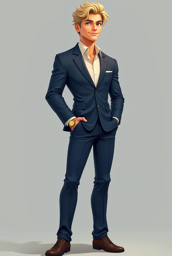 ((best qualityer,4K,high resolution,work of art:1.2)),((concept character art)), 1 men, 20 years old, standing in a erect posture, deep blue suit, cream color shirt, light tanned skin, clean face, smirk smile, blue eyes, blond wavy hair, golden watch on th...