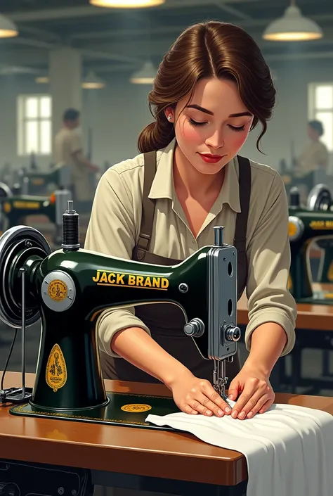 Make a picture of a Jack brand button sewing machine with a woman using it in a factory