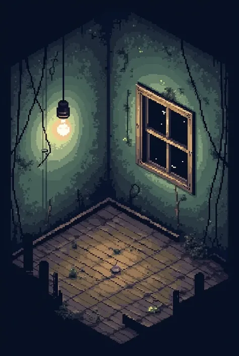 Create a pixel art room design for a horror game but the entire room has to be visible 