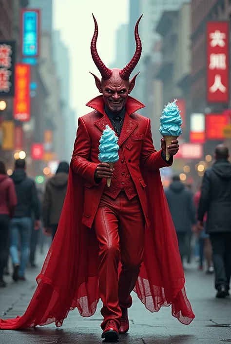 UN DIABLE EN ROUGE QUI VENT DES GLACE DANS LA RUE