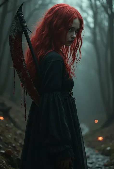 The girl stood in the darkness, her blood-red hair cascading freely, creating a striking contrast against the grim backdrop. The color seemed to absorb the light, giving her an air of mystery that invited both curiosity and fear. Her gaze, empty and hollow...