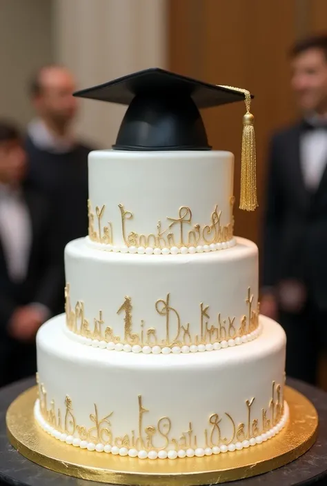 A three-tiered cake with white colors, Gold and black graduation motif 2024 