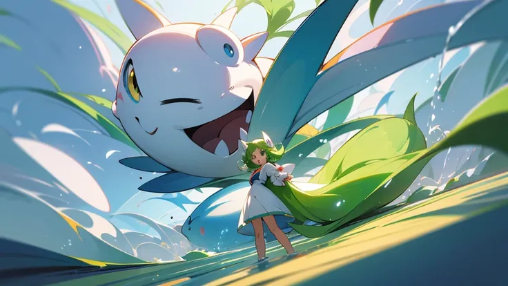 there is a blue and white pokemon character with a balloon, cute mouse pokemon, style of cute pokemon, illustration pokemon, bulbapedia, similar to pokemon, new pokemon, by Ken Sugimori, style of pokemon, ken sugimori art, maplestory mouse, water type, lea...