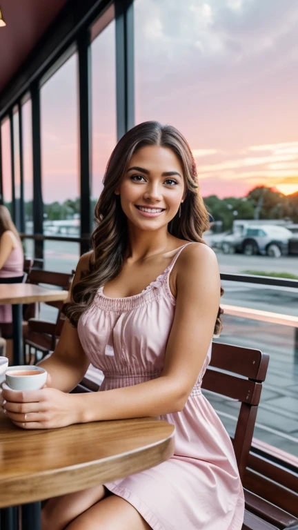 Hyper realistic and detailed full body photo of one young smiling beautiful a woman in a short summer dress sitting in a coffee shop. Pink Cloudy Sunset. Sharp light. perfect eyes, (Eye makeup:1.1), perfect hands, (highly detailed skin:1.1), RAW, analog st...